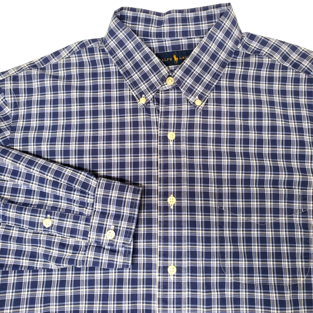 Ralph Lauren Men's Long Sleeve Button Down Shirt Pocket Blue Plaid Cotton XL - Picture 3 of 16